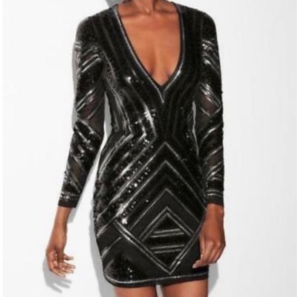 Express Sequin Mesh Long Sleeve Mini Dress - Size L